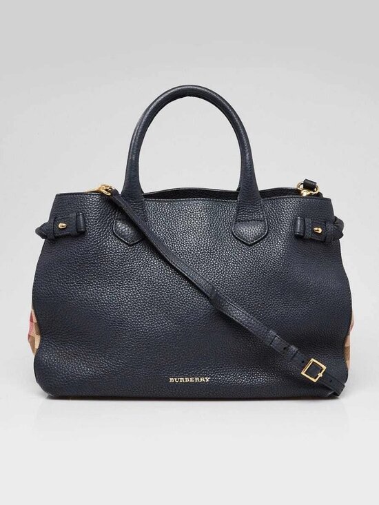 Burberry Handbags - Burberry Blue Pebbled Leather House Check Medium Banner Tote Bag